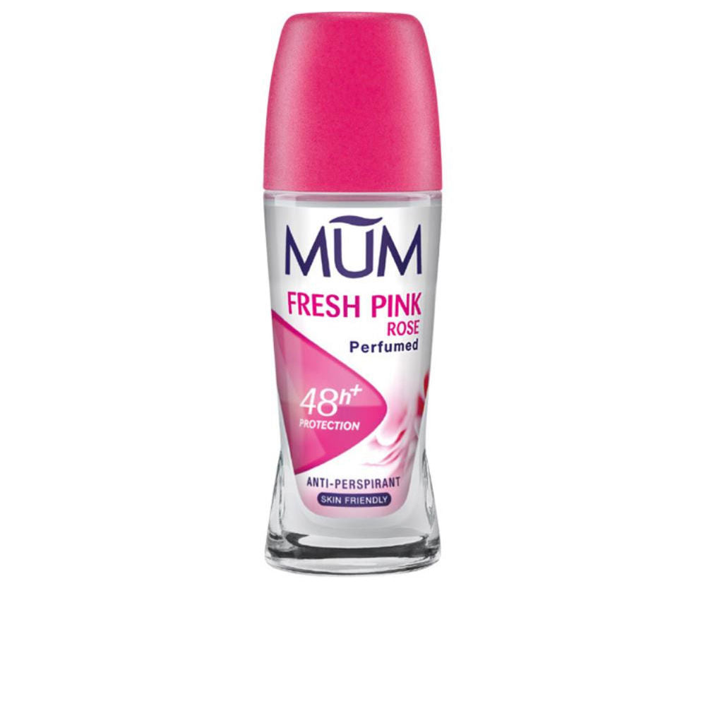Mum Soft pink and clear plastic roll-on deodorant with transparent bottle and white cap, .