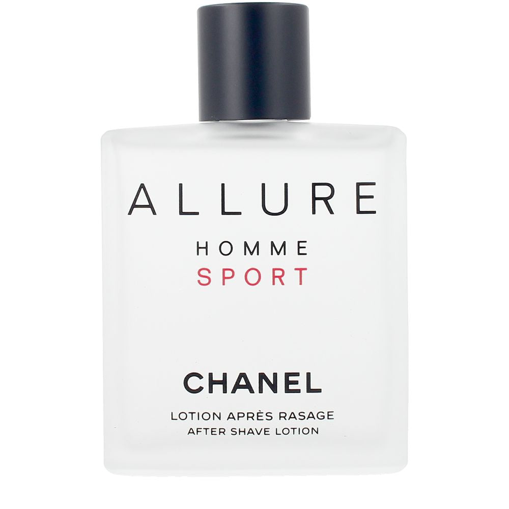 Chanel Glass rectangular after shave lotion bottle with matte white finish, black screw cap, printed red and black text