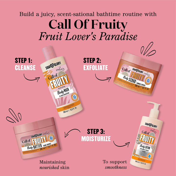 Soap &amp; Glory Plastic cylindrical body wash bottle in pink, orange and beige with flip-top cap, fruit and floral graphics, bold text branding, measurement markings — .