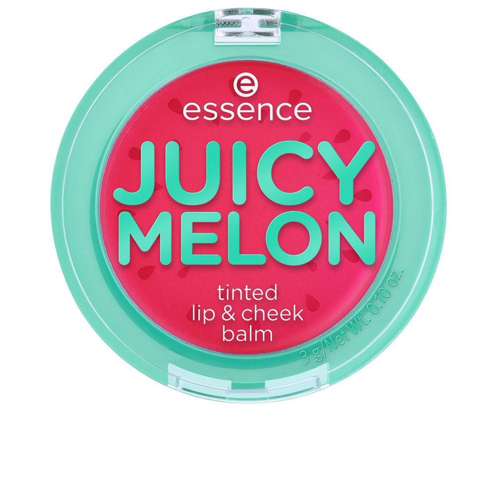 Essence pink and teal round lip &amp; cheek balm in clear-lidded plastic compact with melon seed graphics