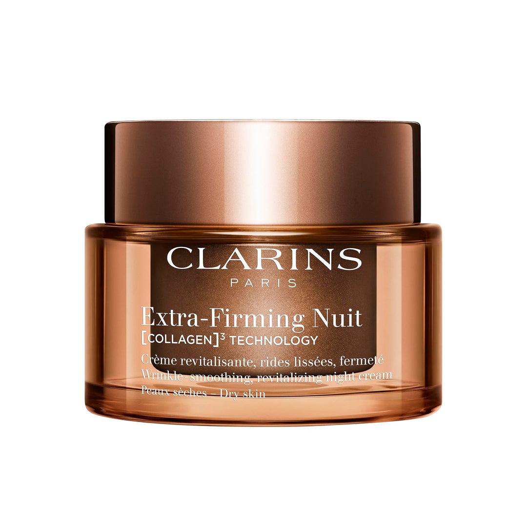 Clarins Extra‑Firming Night Cream jar on neutral background, luxurious cream texture visible