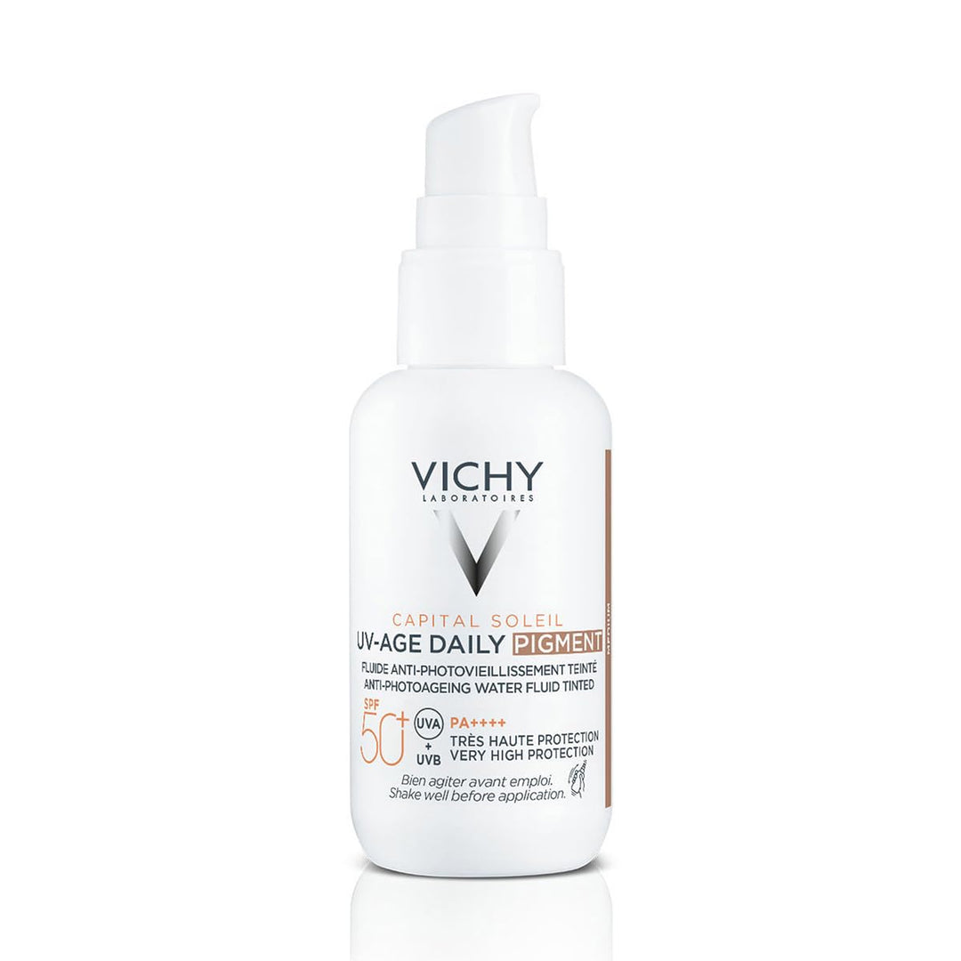 Tinted lightweight sun-protective fluid in sleek pump bottle, neutral skin-enhancing shade, Vichy