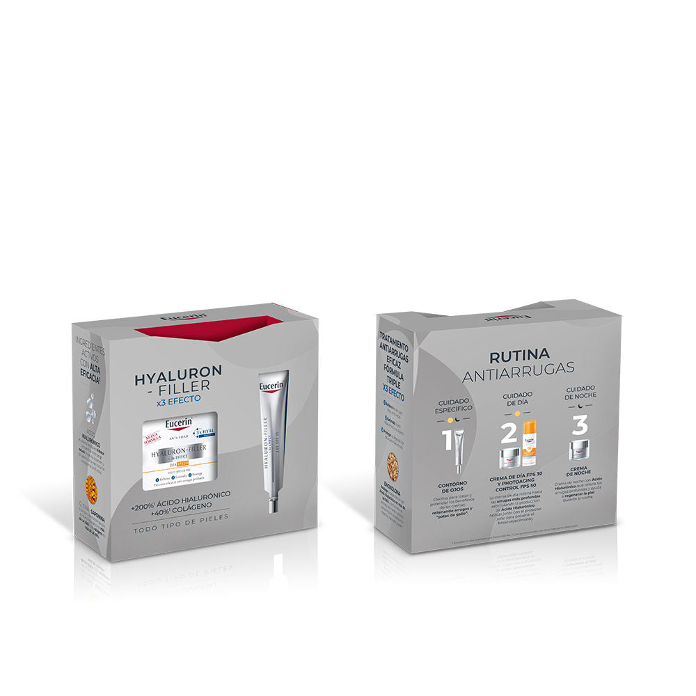 Eucerin Modern clinical cardboard box with gray, white, red and orange graphics showing numbered steps and small product containers
