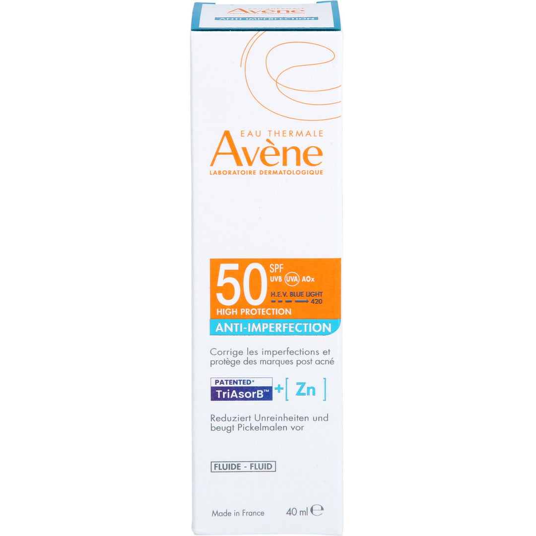Bottle of Avène SPF50 lightweight blemish control fluid, fragrance‑free sunscreen