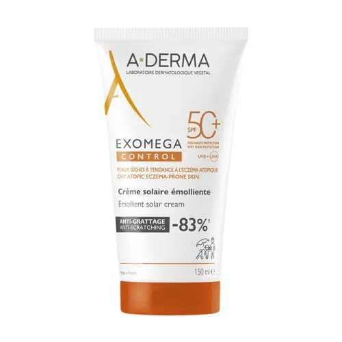 A-derma Tube of EXOMEGA Emollient Sunscreen SPF 50+ for sensitive face and body, fragrance‑free formula
