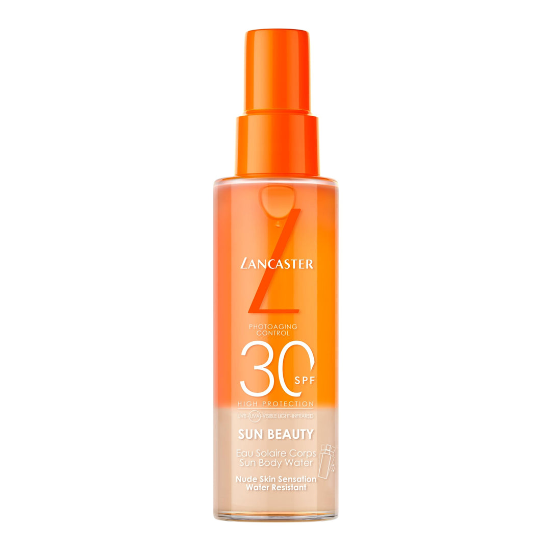 Lancaster Sun Beauty Sun Body Water SPF30 in a clear 100 ml bottle with light, refreshing formula