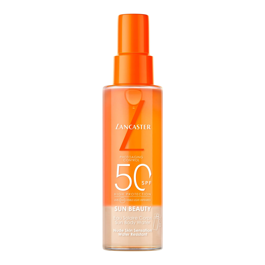 Lancaster transparent lightweight spray bottle of sun water with clear bi-phase liquid, minimalist label