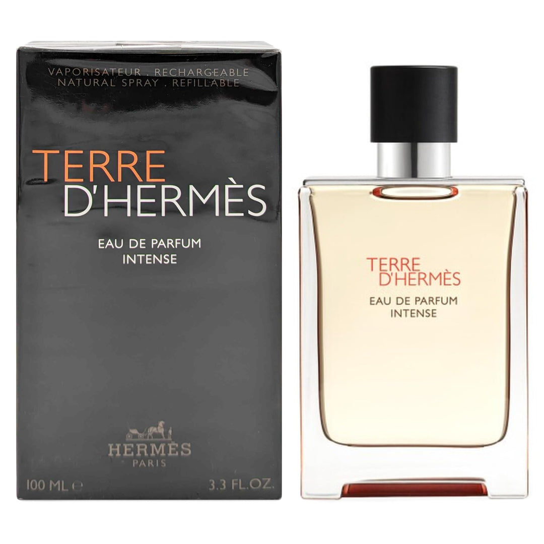 Red glass Terre d’Hermès bottle with matte black metal cap, 100 ml, refillable