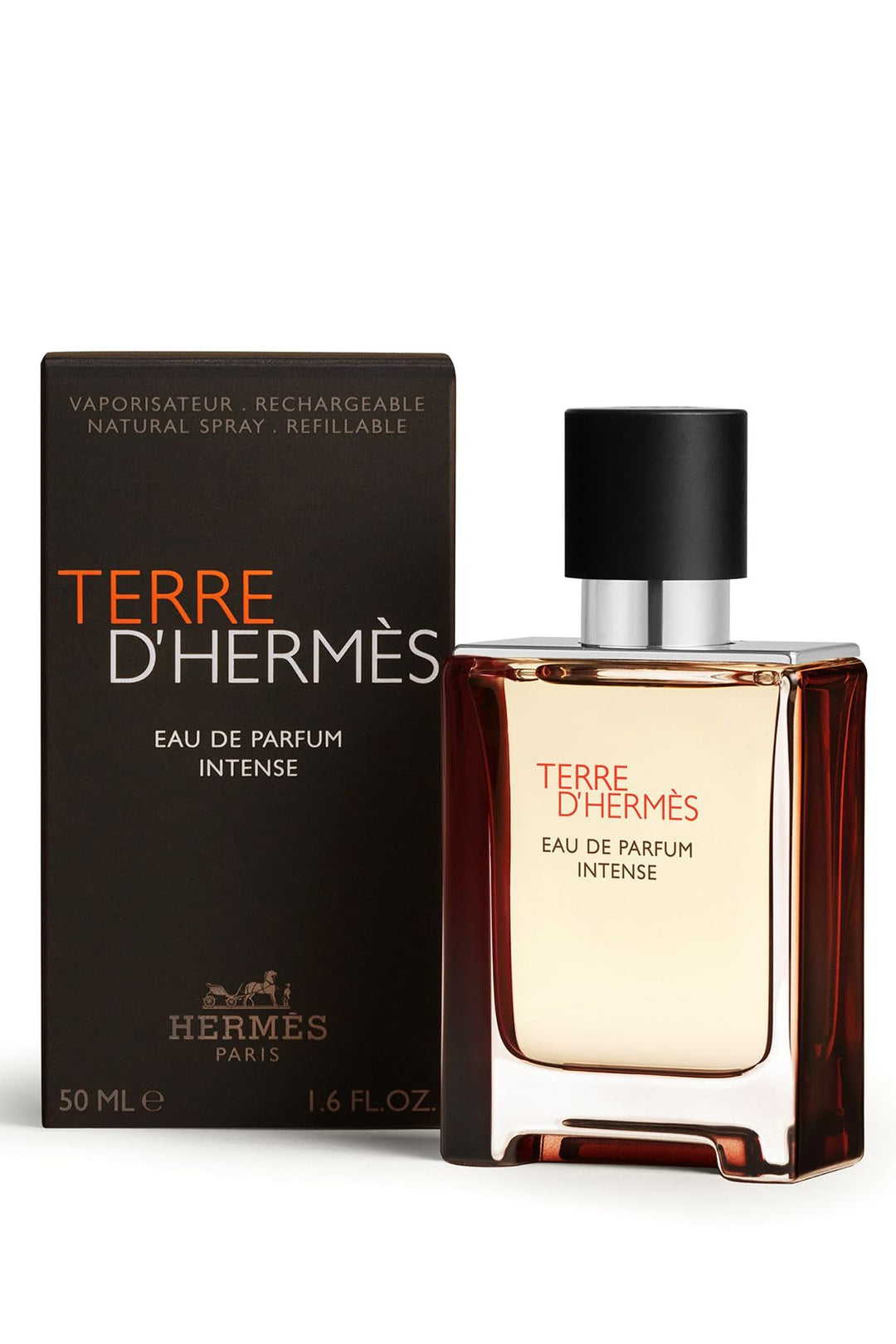 Terracotta‑red glass flacon with matte black cap, woody spicy eau de parfum for Man, 50 ml