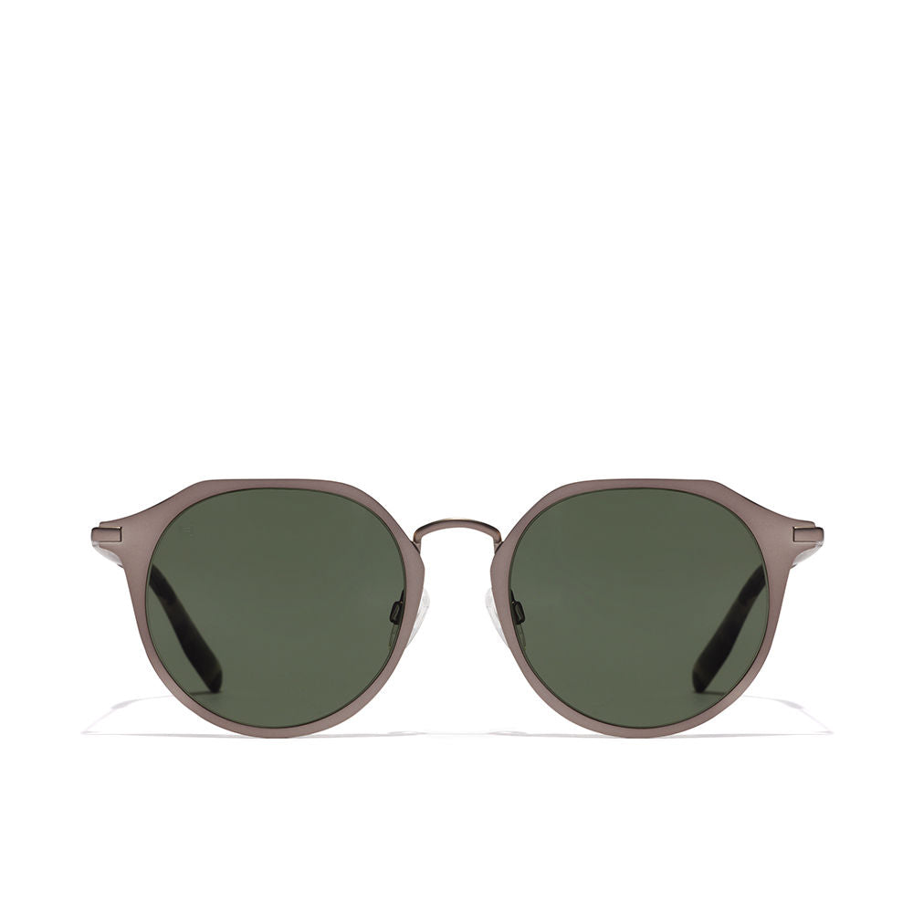 Matte brown metal round sunglasses with dark green lenses, thin frame, keyhole bridge — Hawkers