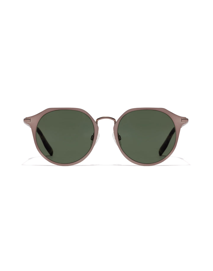 Matte brown metal round sunglasses with dark green lenses, thin frame, keyhole bridge — Hawkers