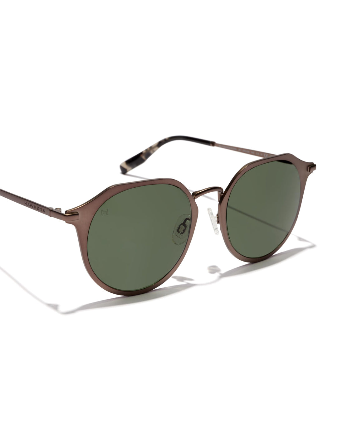 Matte brown metal round sunglasses with dark green lenses, thin frame, keyhole bridge — Hawkers