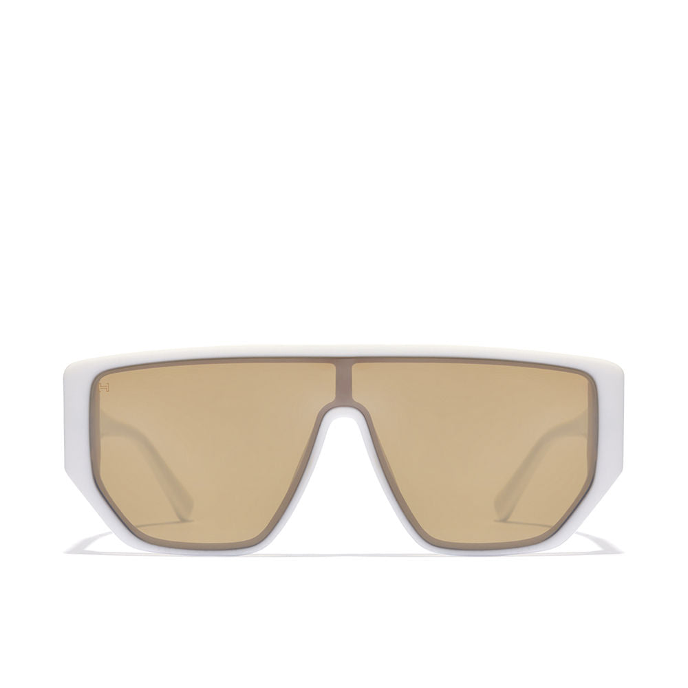Hawkers futuristic rectangular sunglasses with white frame, single continuous brown lens, angular flat-top cutout bridge