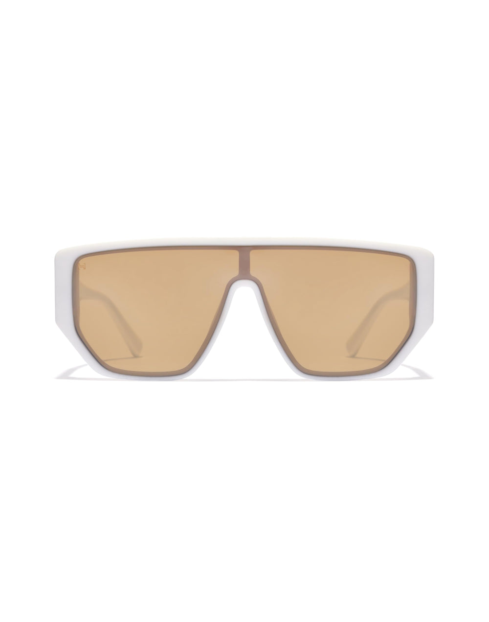 Hawkers futuristic rectangular sunglasses with white frame, single continuous brown lens, angular flat-top cutout bridge