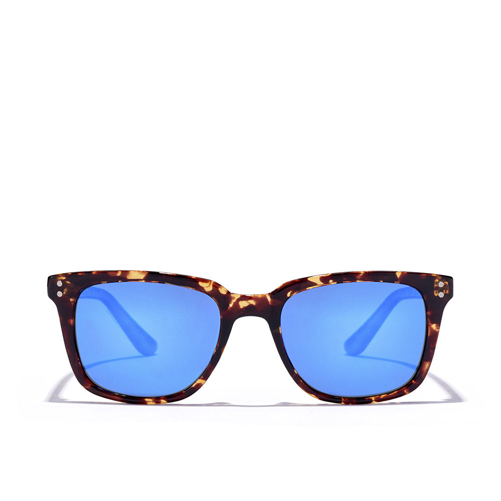 Tortoise shell plastic square sunglasses with blue polarized lenses, small silver hinge dots — Hawkers