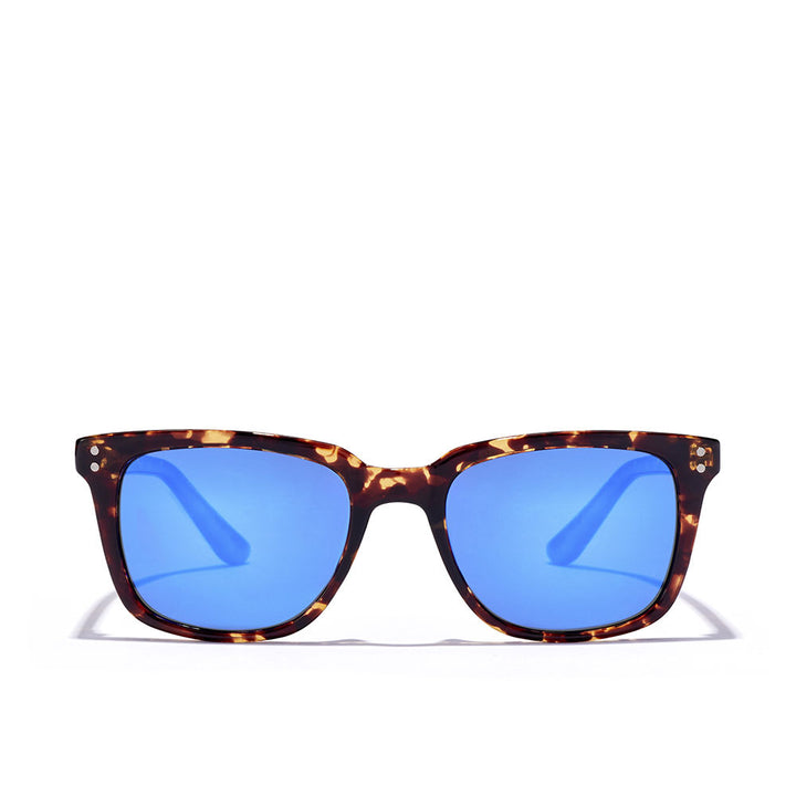 Tortoise shell plastic square sunglasses with blue polarized lenses, small silver hinge dots — Hawkers