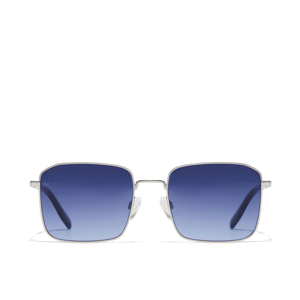 Hawkers Silver square metal sunglasses with blue gradient lenses, thin metal frame, adjustable nose pads, modern minimalist style