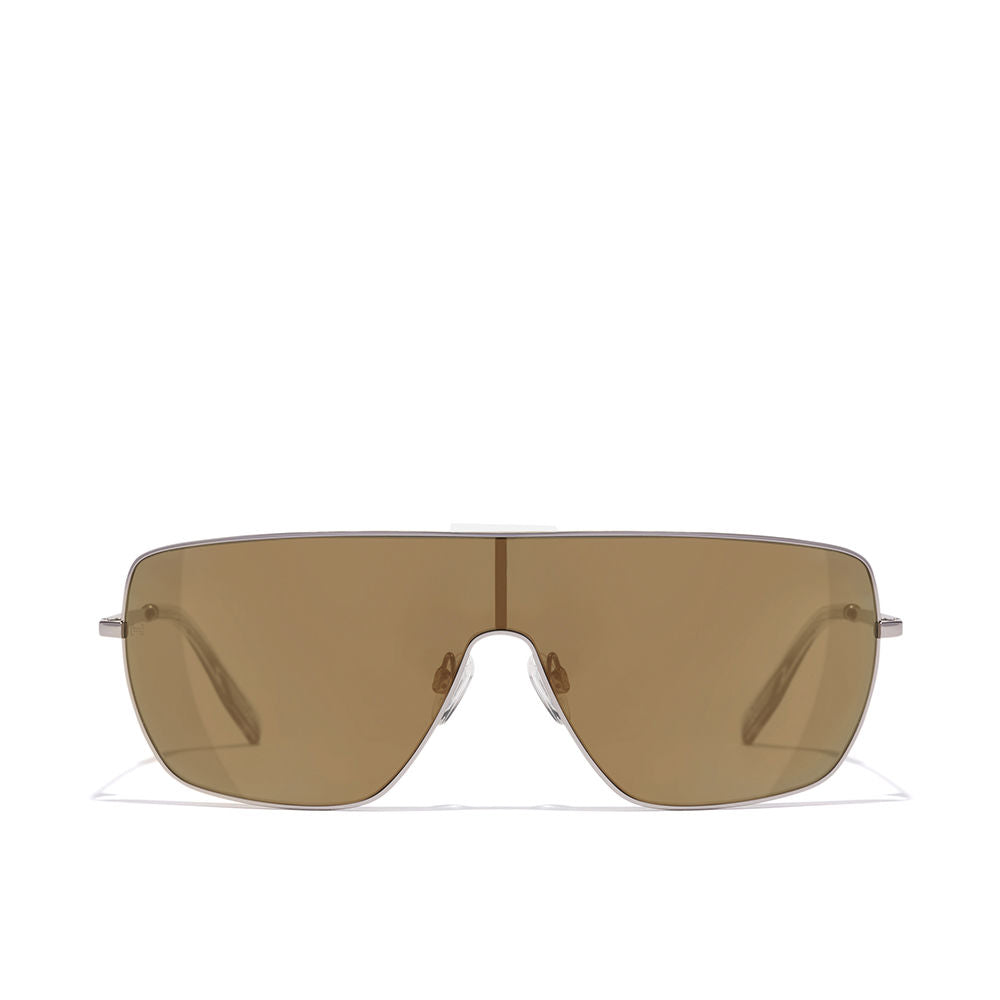 Hawkers brown shield sunglasses with continuous rectangular lens, metal frame and adjustable nose pads.
