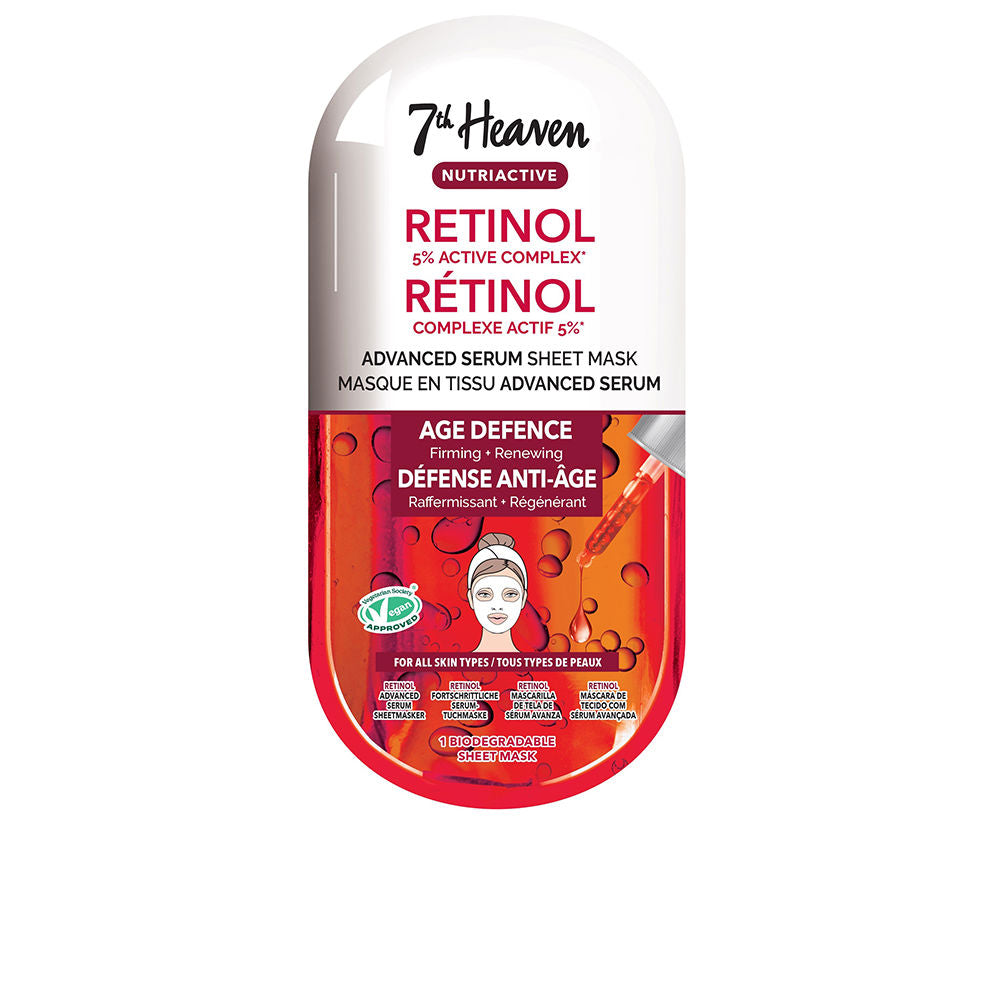 7th Heaven White and red rectangular rounded sachet showing illustrated masked face, dropper with serum drops, multilingual text, vegan logo