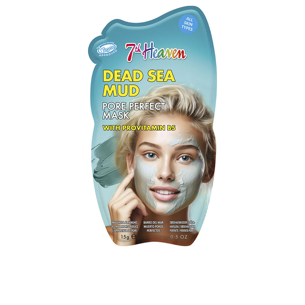 7th Heaven Blue plastic jar of Dead Sea mineral mud face mask with textured packaging, human face image, vegan logo