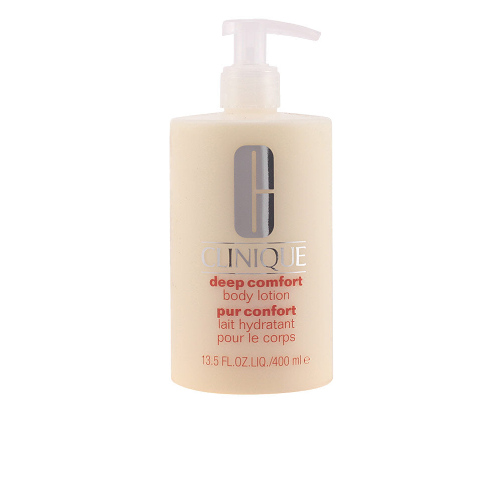 Tube of Clinique Deep Comfort Body Lotion, creamy white texture on hand