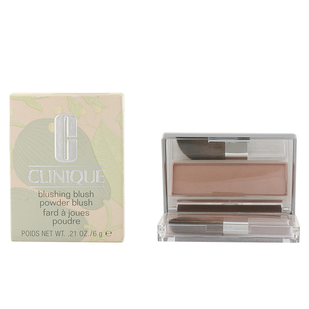Clinique Beige and light brown powder blush in silver rectangular compact with small brush, minimalist plastic design
