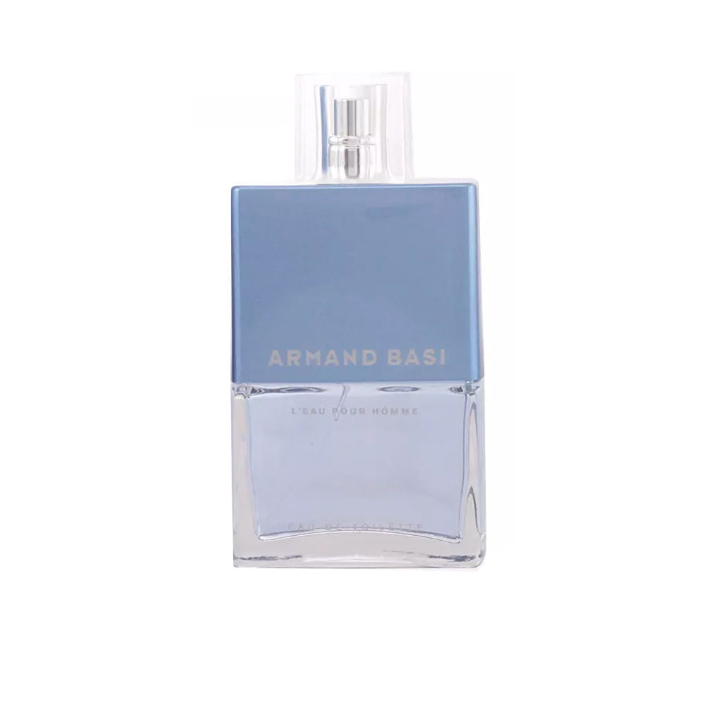 Clear crystalline bottle with pale blue perfume; 75 ml aquatic woody scent