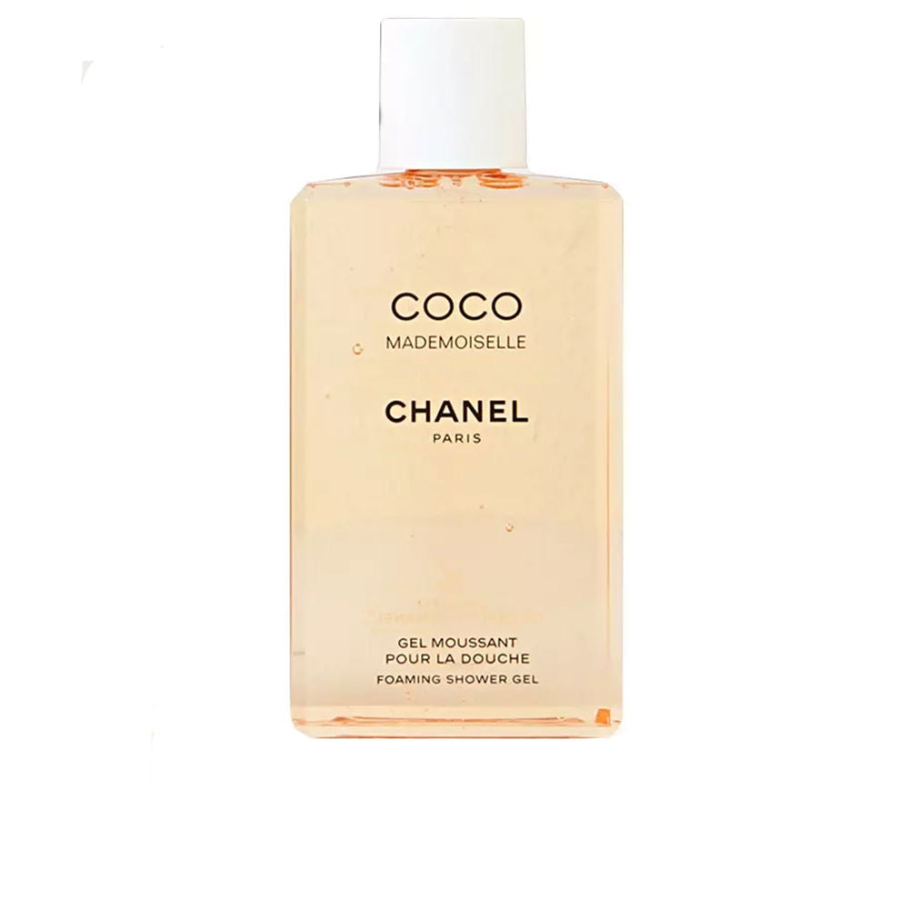 Chanel Light peach foaming shower gel in transparent rectangular plastic bottle with white cap and black logo