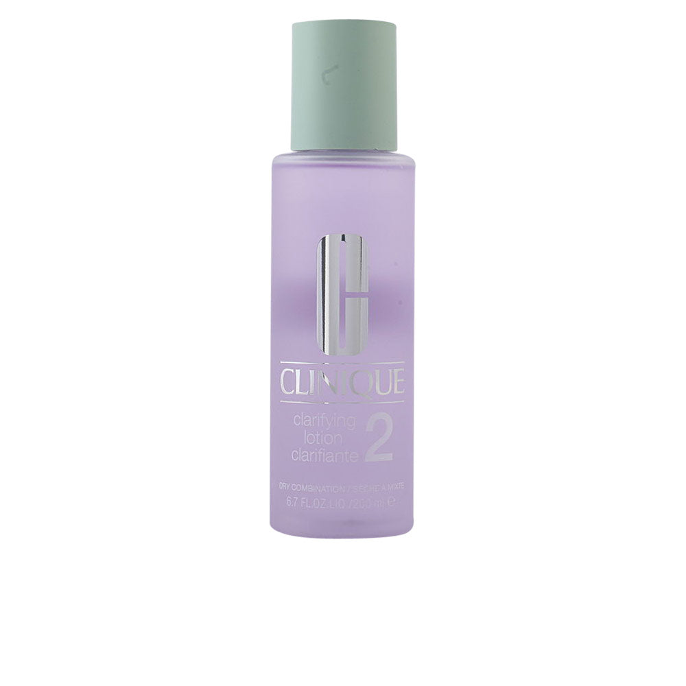 Minimalist cylindrical plastic lotion bottle in light purple and green with a screw cap, Clinique