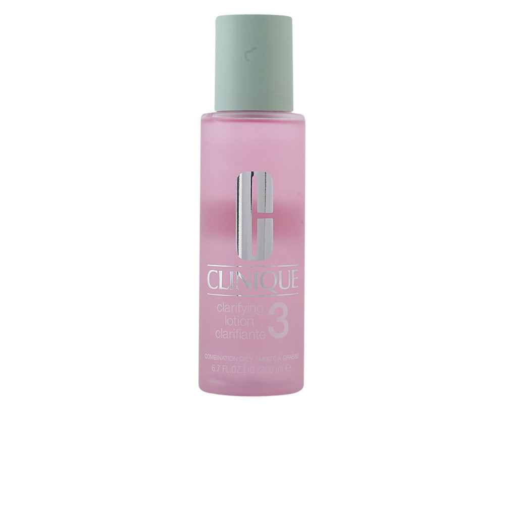 Pink clarifying lotion in transparent cylindrical plastic bottle with silver logo, matte light green cap, brand Clinique