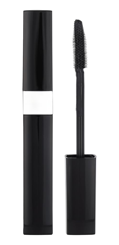 Black rectangular tube with silver middle band and smooth surface, wand beside tube, brand Chanel