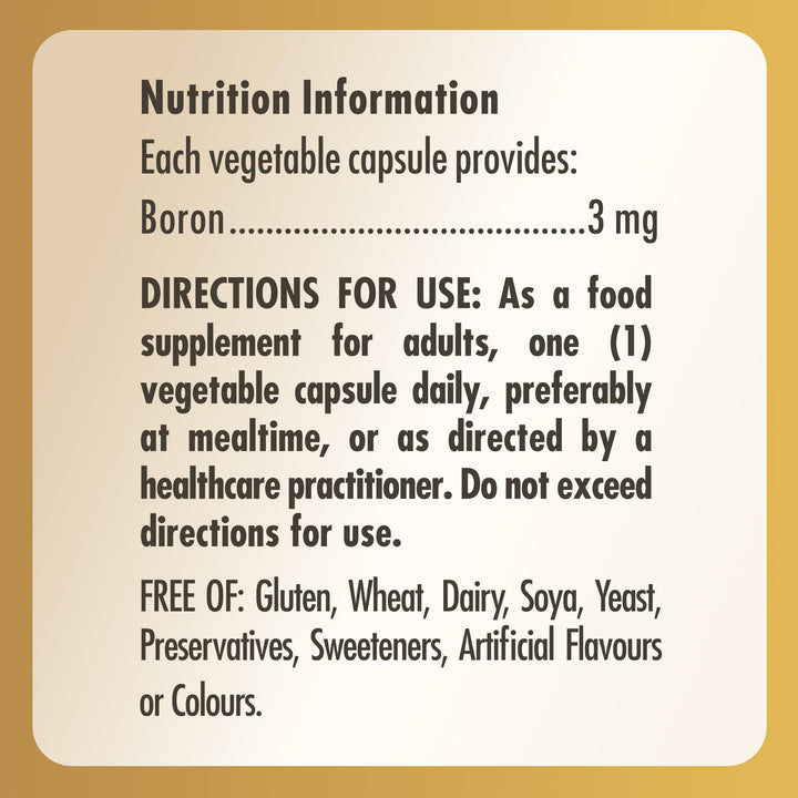Frasco de cápsulas vegetales de boro 3 mg, etiqueta Solgar, apto veganos y sin gluten