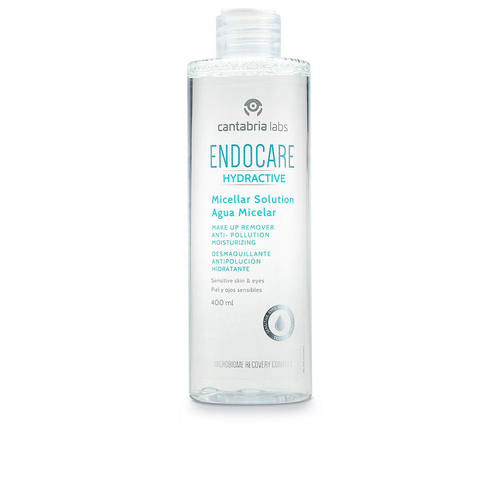 Transparent 400 ml micellar cleansing water bottle, labelled for sensitive skin