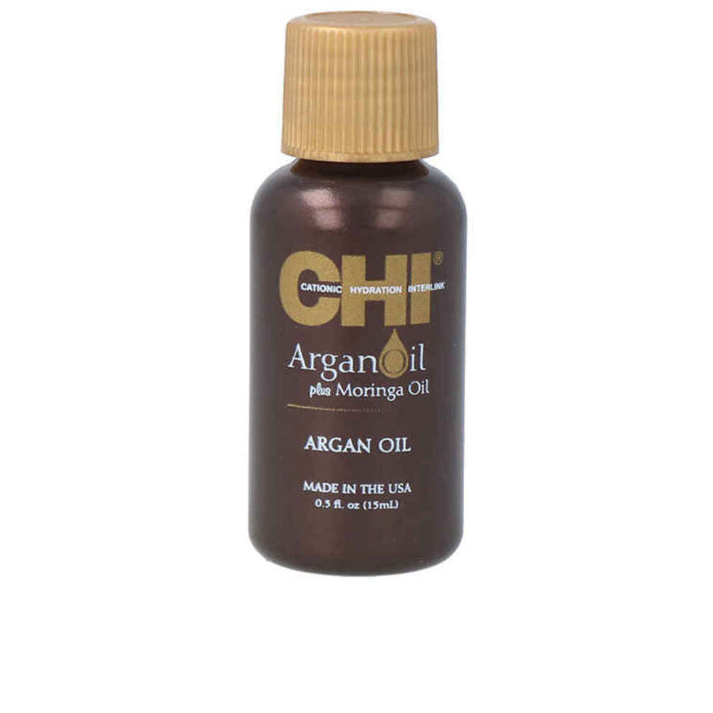 Small 15 ml bottle of lightweight argan hair oil for Unisex hair, golden liquid