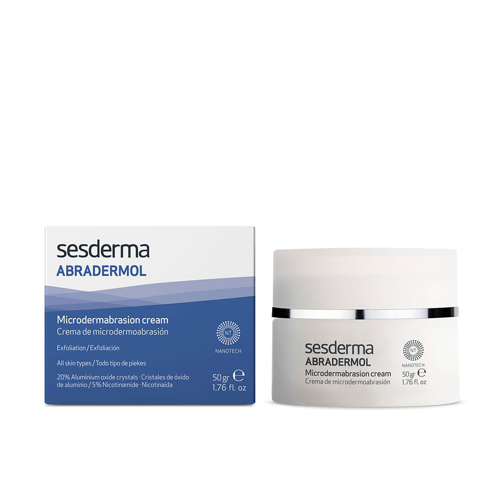 Sesderma White and blue microdermabrasion cream in plastic jar with silver lid band and matching box