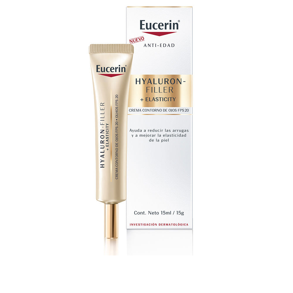 Eucerin Beige and white plastic eye cream tube with gold cap, vertical printed text and information box