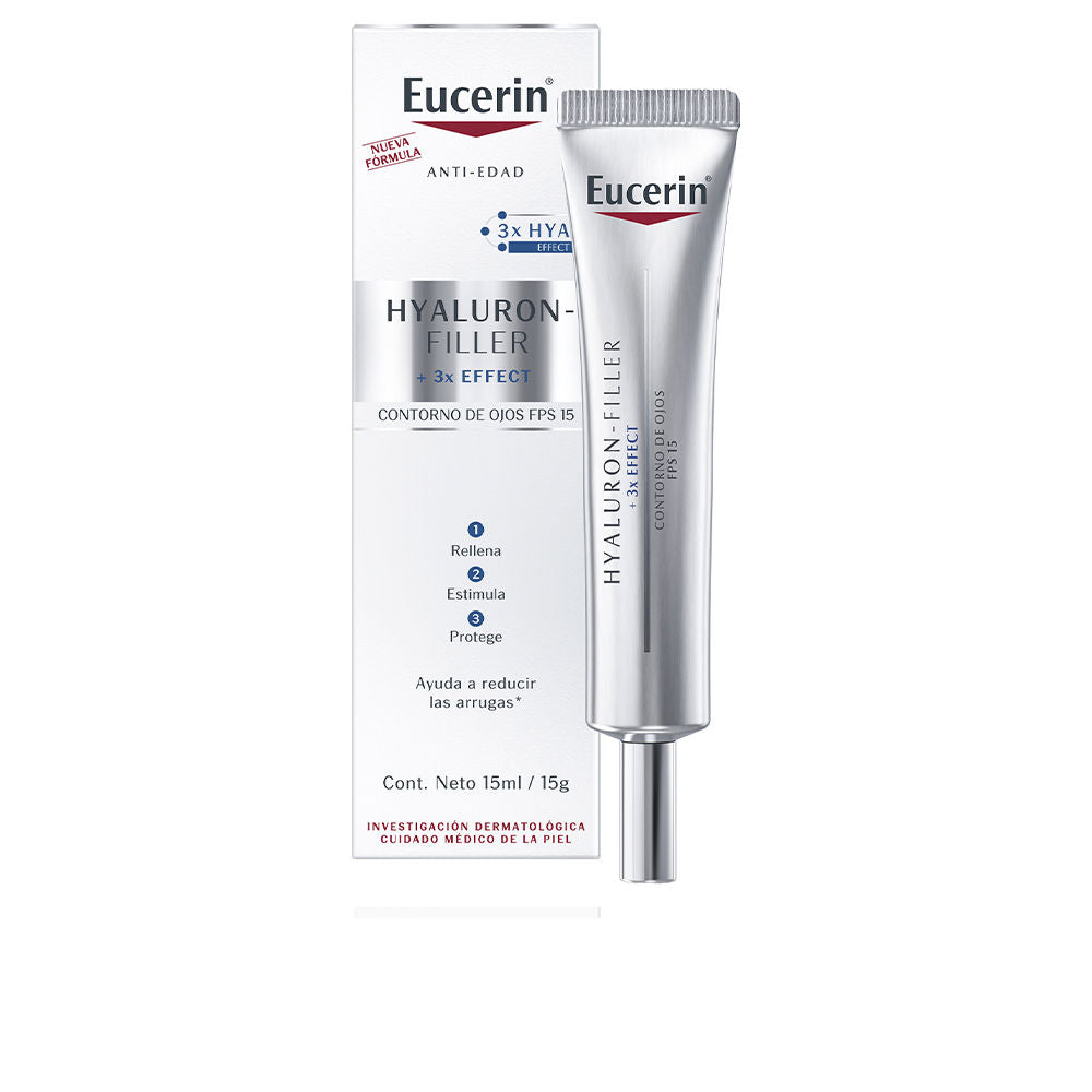 Tube of Eucerin Hyaluron Filler eye cream beside soft cotton and clean surface