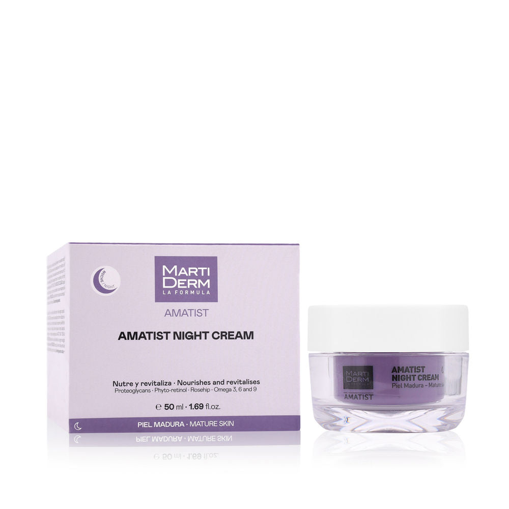Martiderm Light purple and white night cream jar with white lid, transparent base and matching box, minimalist branding