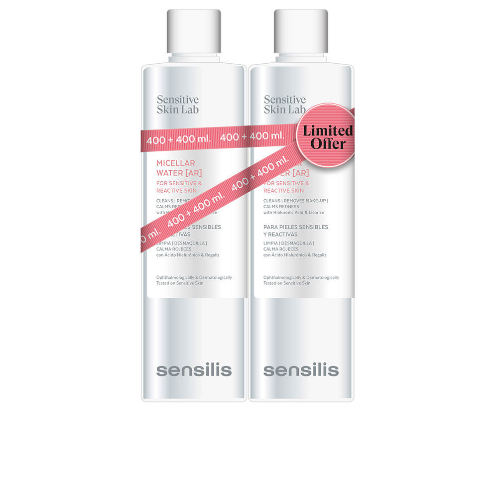 Sensilis Two minimalist plastic micellar water bottles, white and silver with pink ribbon and white caps