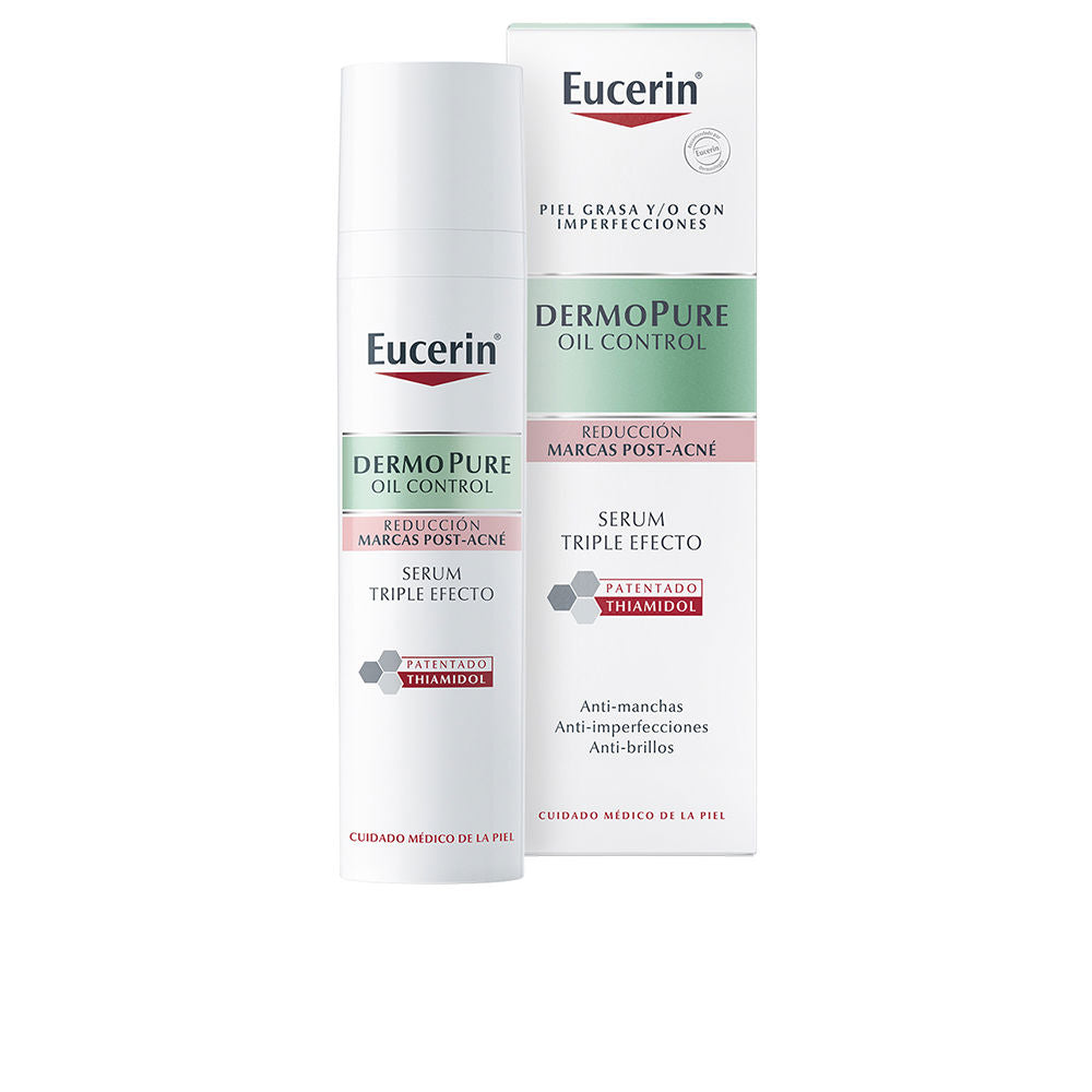 Eucerin White cylindrical plastic serum bottle with pump, green and pink accents, boxed in minimalist cardboard