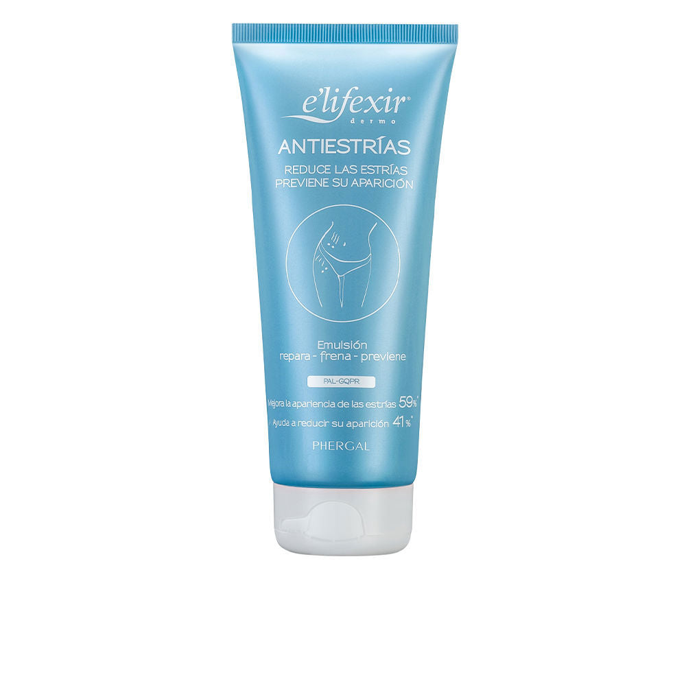 Tube of E'Lifexir anti-stretch mark emulsion, neutral packaging on soft background