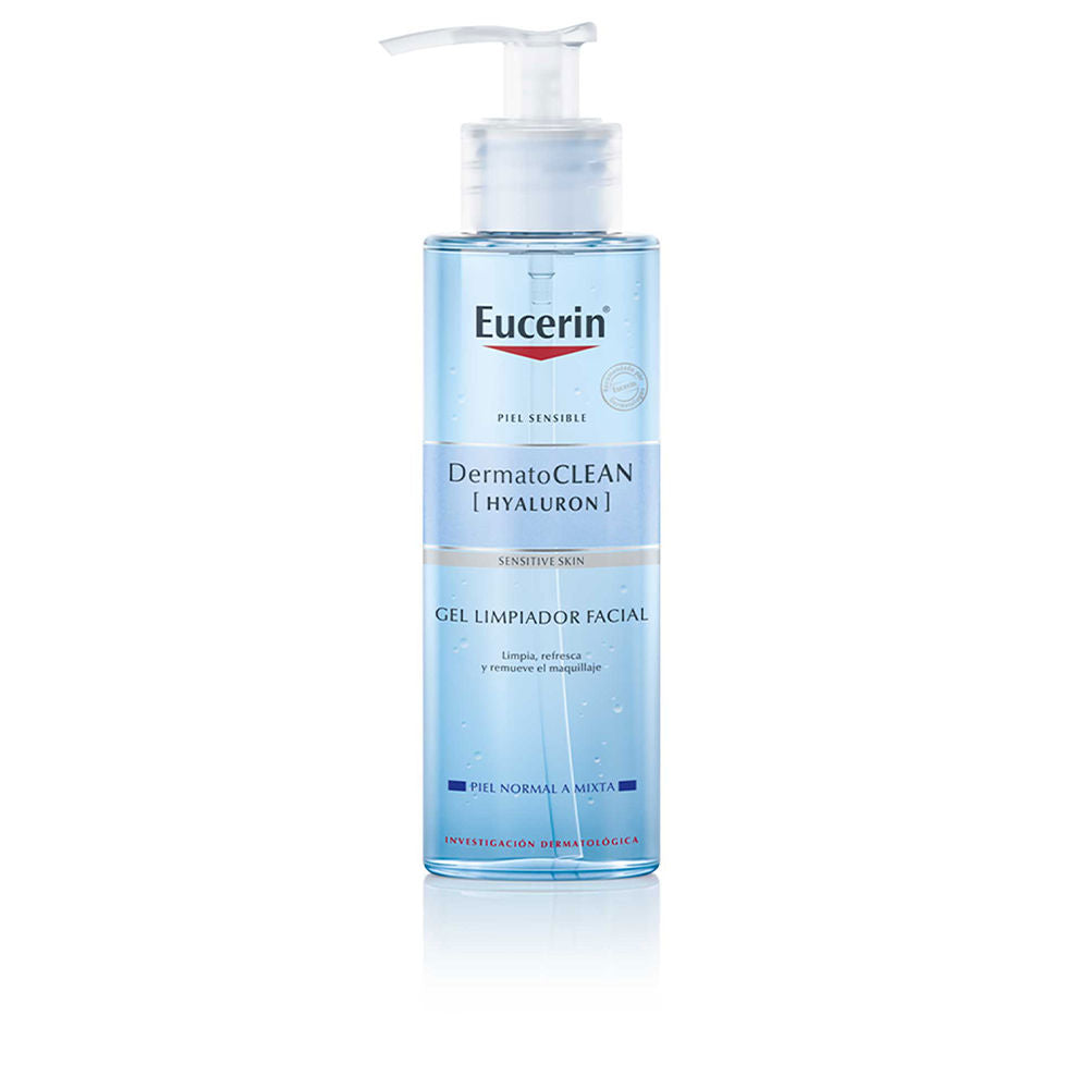 Eucerin Light-blue clear plastic pump bottle showing gel and water droplets, transparent label with text
