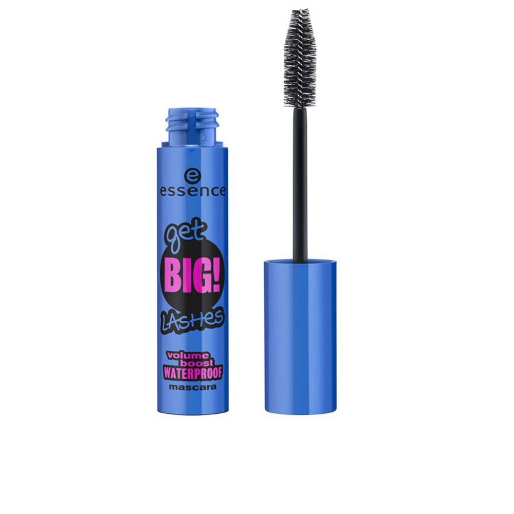 Essence Blue cylindrical plastic mascara tube with brush applicator, bold printed text and contrasting colors