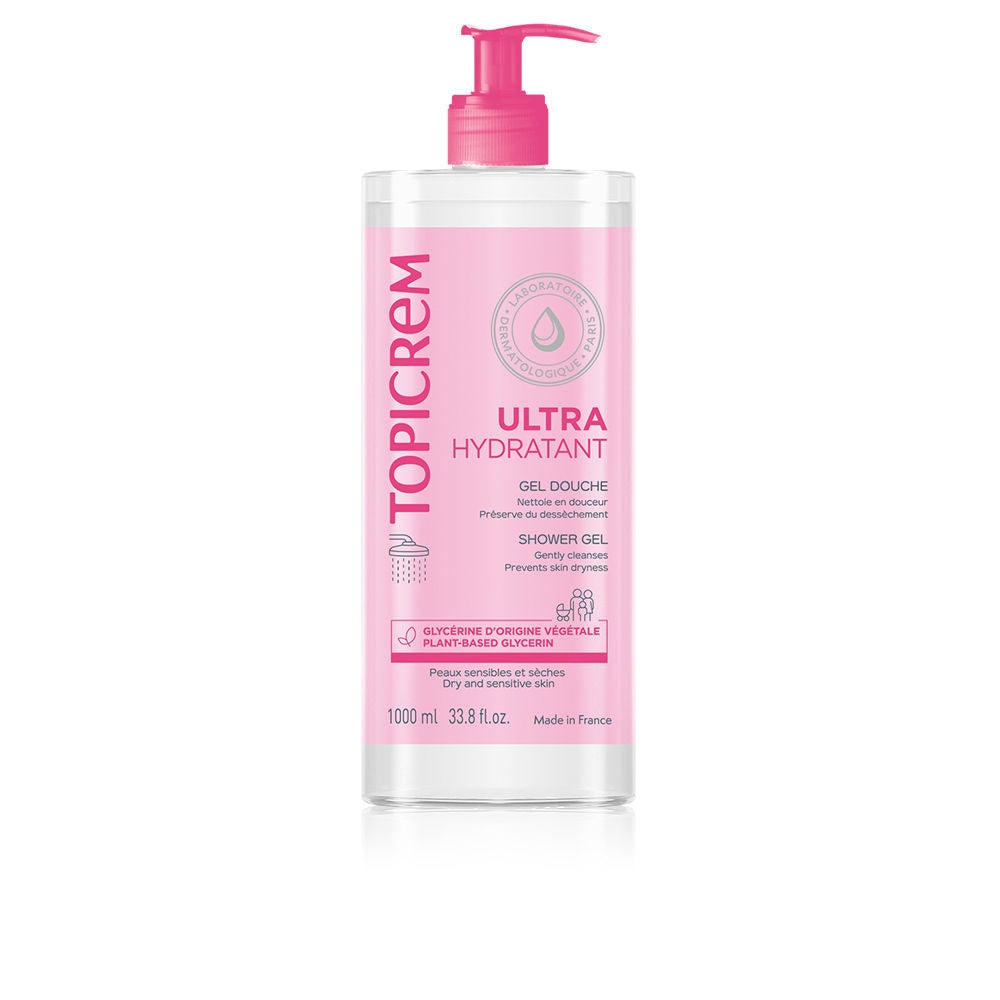 Bottle of Topicrem UH gentle, soap-free cleansing gel for sensitive skin and hair