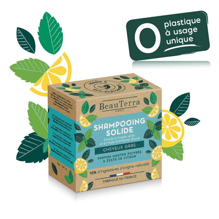Round mint-green solid shampoo bar with paper wrap, 75 g, lemon accent