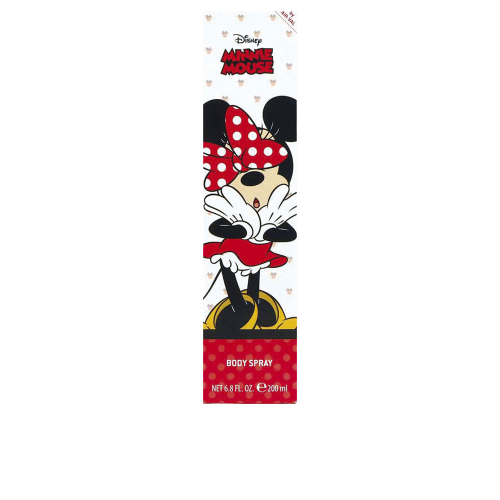 Cartoon Minnie Mouse body spray bottle with polka-dot bow illustration, red skirt, yellow shoes
