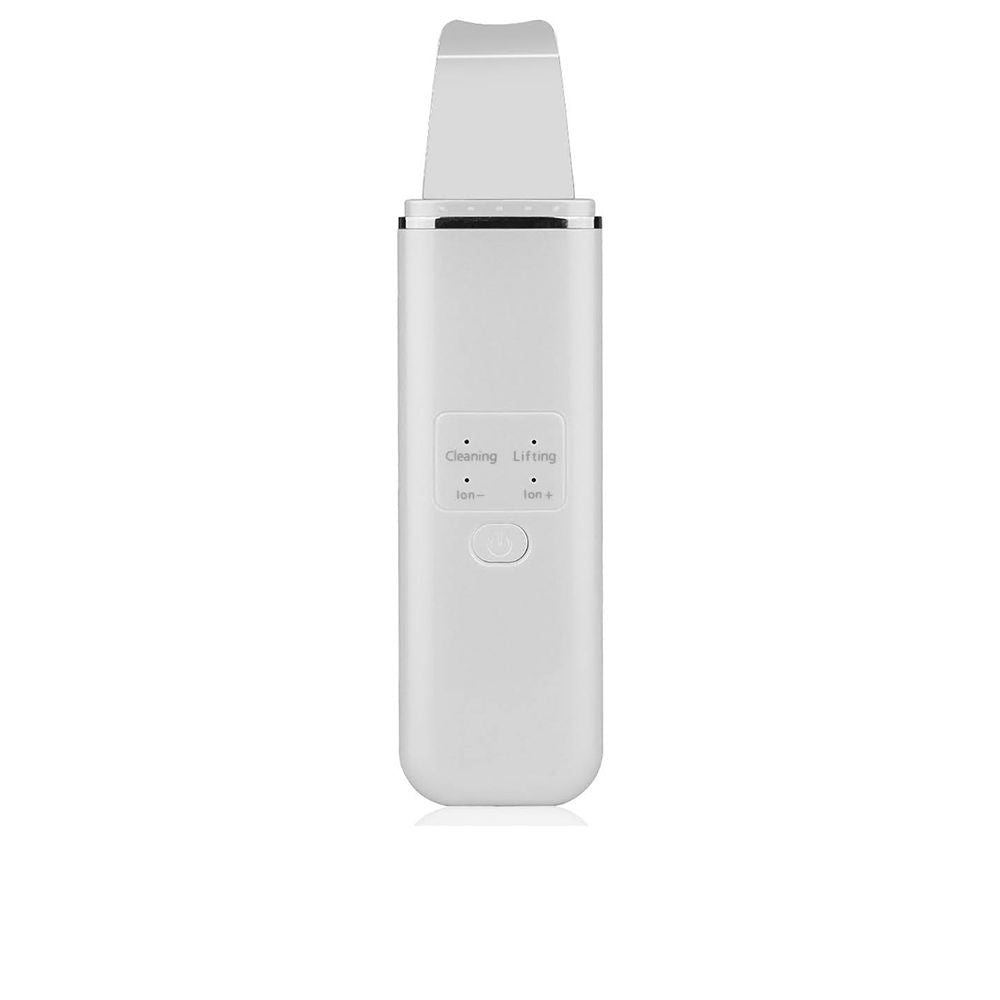 Paloma Beauties White ultrasonic skin scrubber with flat metal spatula tip, rectangular body, indicator lights, and mode labels