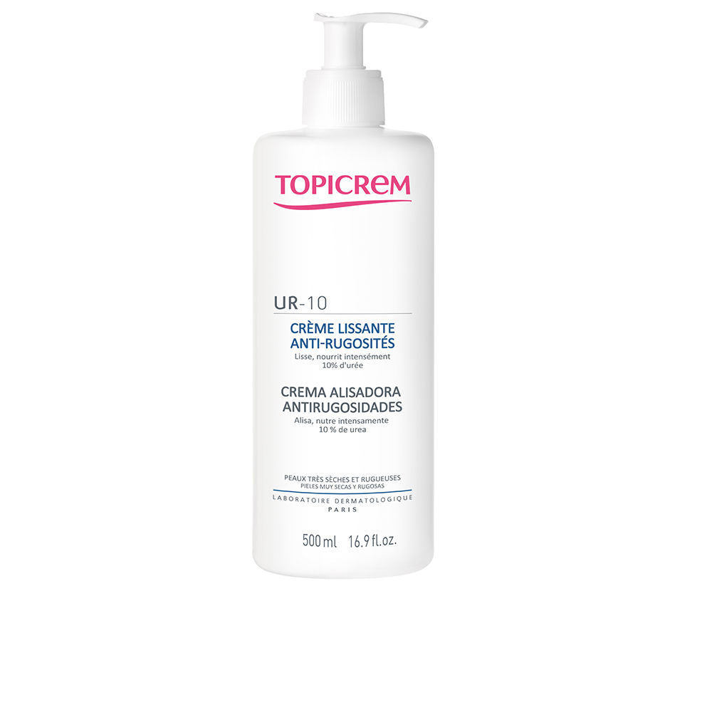 Pump-dispensed jar of Topicrem UR-10 body cream for very dry, rough skin
