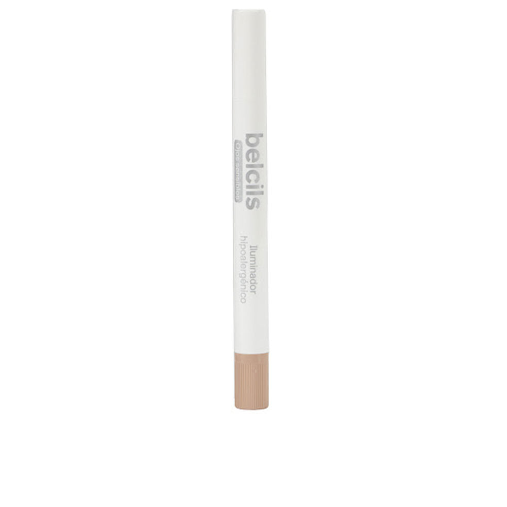 Belcils eye highlighter pen, white plastic body with beige cap, cylindrical twist-up design, printed text