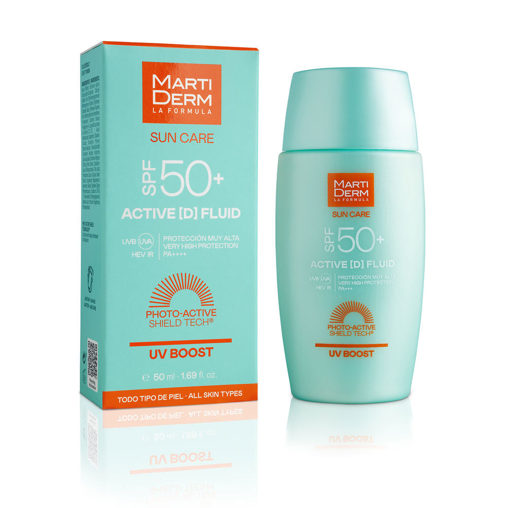 Martiderm Light turquoise plastic bottle and rectangular box with orange accents, white text, sun icon, SPF 50+ label.